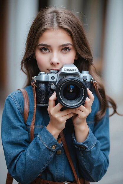 Portret van een mooi meisje met een camera in haar handen