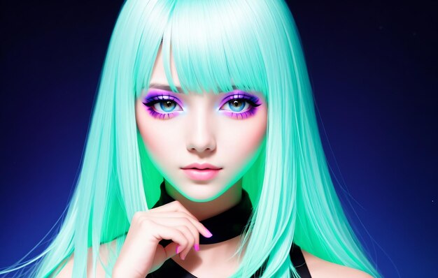 Portret van een mooi meisje met een helder kapsel in neonlicht Generatieve AI