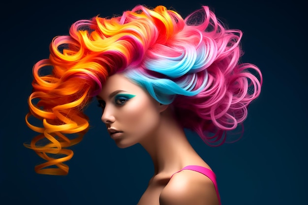 Portret van een mooi meisje met een regenboog neon asymmetrische haarstijl op blauwe achtergrond