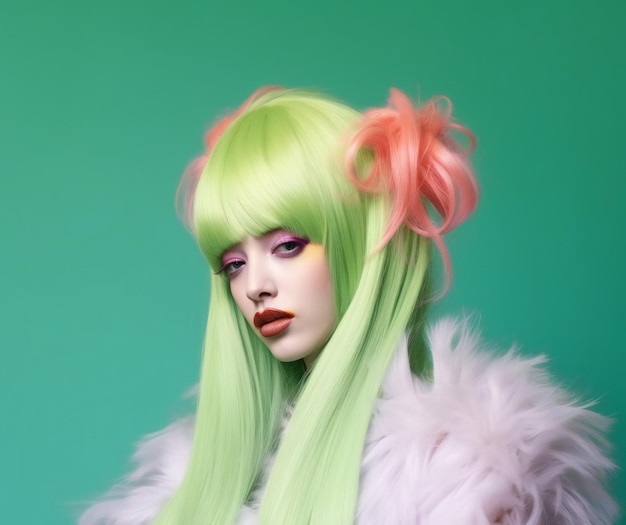 Portret van een mooi meisje met groen haar en roze make-up