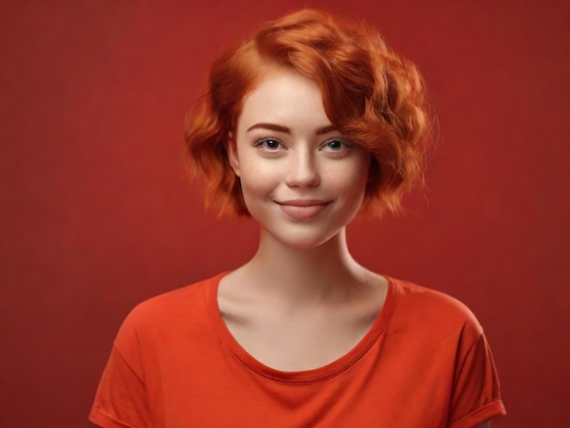 Portret van een mooi meisje met kort roodharig haar met een gelukkige, ontspannen uitdrukking.