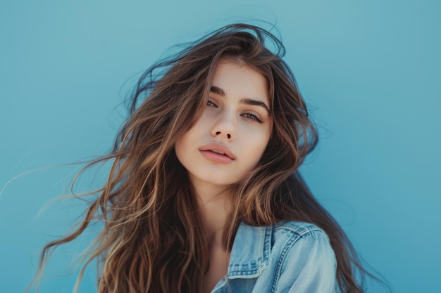 Portret van een mooi meisje met lange haargolven op een blauwe achtergrond