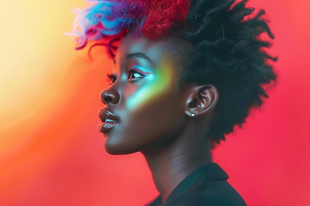 Portret van een mooi meisje met regenboog neon haarstijl op rode achtergrond