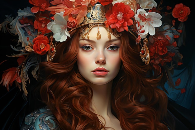 Portret van een mooi meisje met rood haar en een kroon op haar hoofd