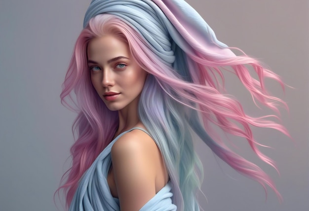 Portret van een mooi meisje met roze haar en blauwe sjaal