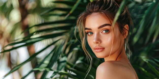 Foto portret van een mooi meisje op een achtergrond van tropische planten palmbladeren spa concept schoonheid en cosmetologie reizen en strandvakantie