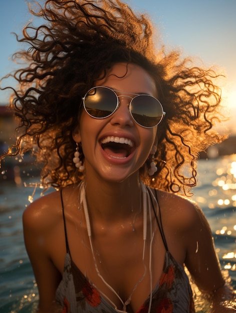 Portret van een mooi meisje op vakantie aan zee op het strand rustend op het strand