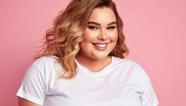 Portret van een mooi plus size model glimlachend in een wit T-shirt