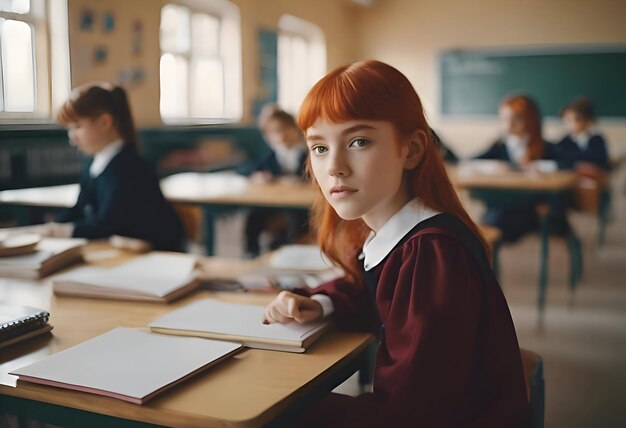 portret van een mooi schoolmeisje met rood haar in een klaslokaal op school