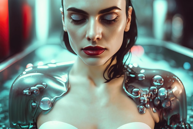 Portret van een mooi sexy cyborgmeisje in een badkuip met water uit de toekomstige generatieve AI