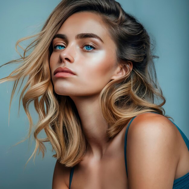 Portret van een mooi vrouwelijk model dromerige blauwe ogen