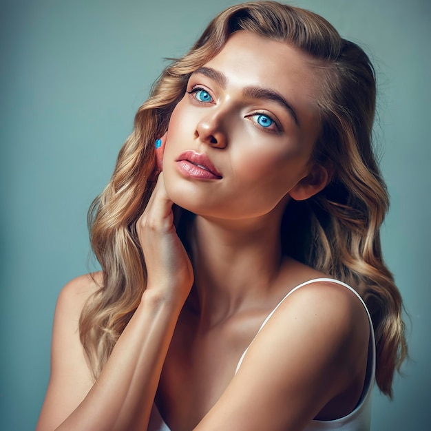 Portret van een mooi vrouwelijk model dromerige blauwe ogen