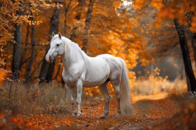 Portret van een mooi wit paard in de herfst