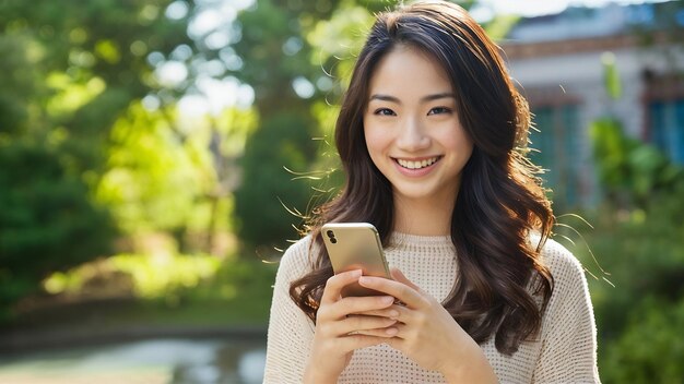 Portret van een mooie aantrekkelijke jonge glimlachende Aziatische vrouw met een smartphone