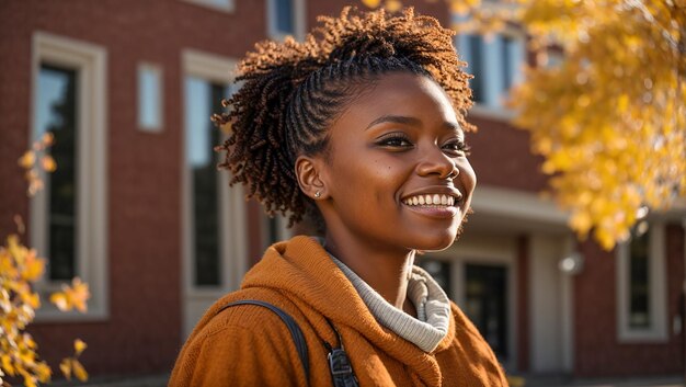 Portret van een mooie Afro-Amerikaanse studente tegen de achtergrond van het universitaire geluk