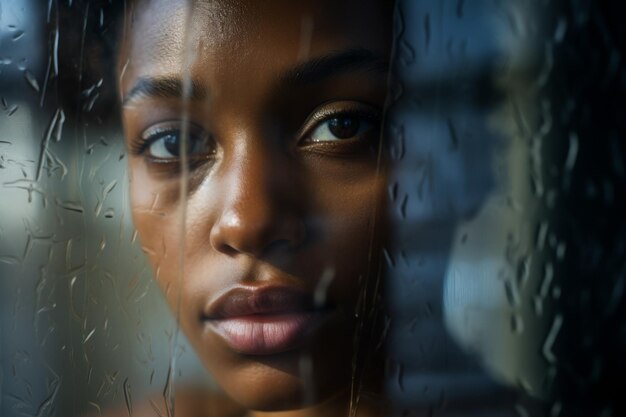 Portret van een mooie Afro-Amerikaanse vrouw die door een nat raam kijkt