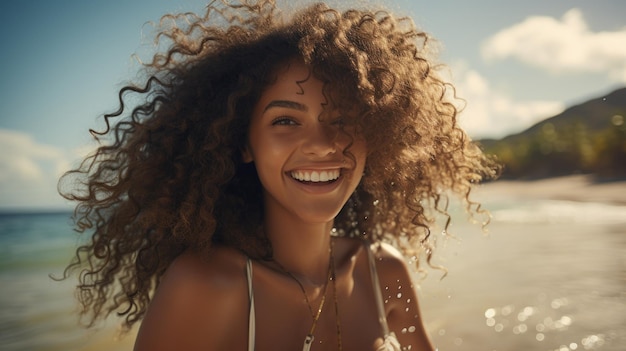 Portret van een mooie Afro-Amerikaanse vrouw met afro kapsel glimlachend op het strand Generatieve AI