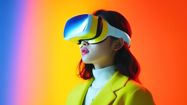 Portret van een mooie aziatische vrouw die een virtual reality-bril draagt