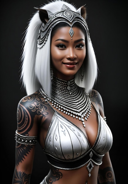 Portret van een mooie Aziatische vrouw in zilveren harnas op donkere achtergrond