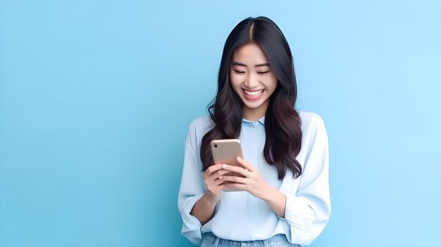 Portret van een mooie Aziatische vrouw met behulp van mobiele telefoon op blauwe achtergrond met copyspace