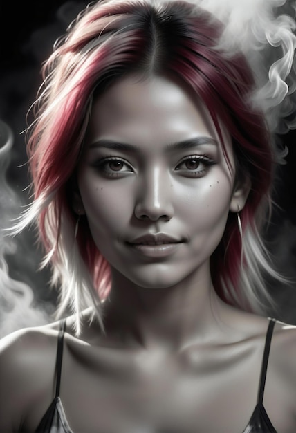Portret van een mooie Aziatische vrouw met roze haar en rook