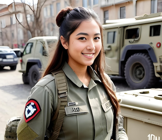 Portret van een mooie Aziatische vrouw op de achtergrond van militaire voertuigen