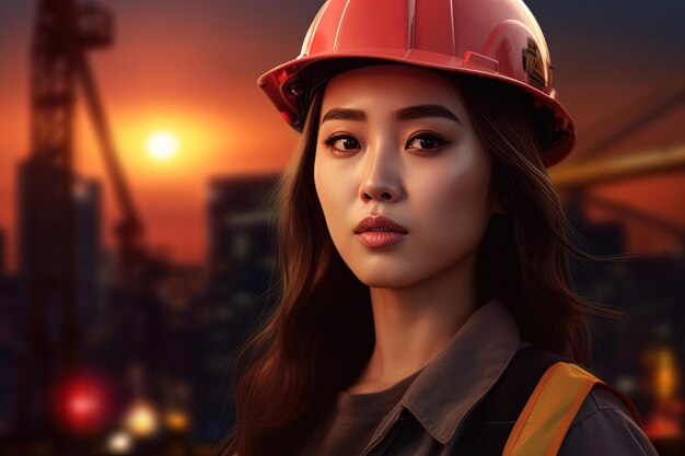 Portret van een mooie Aziatische vrouwelijke ingenieur met een harde hoed bij zonsondergang