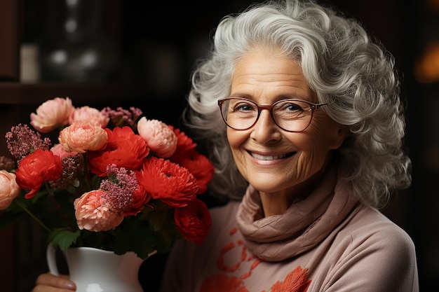 portret van een mooie bejaarde vrouw met wit grijs haar en een boeket bloemen bij haar gezicht