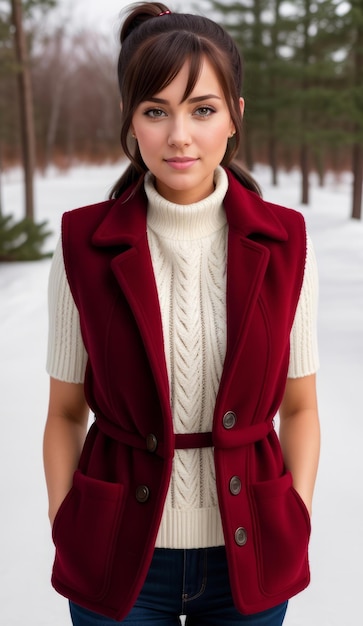 Foto portret van een mooie bescheiden amerikaanse vrouw in een wintervest met kerstthema