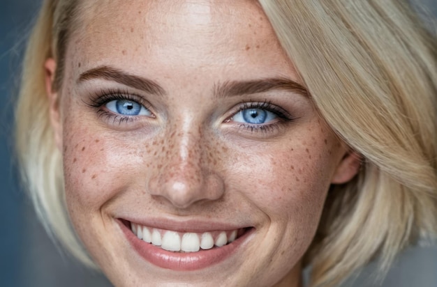 Foto portret van een mooie blonde glimlachende vrouw met blauwe ogen, kort kapsel, close-up, authentieke uitstraling, mode, glamour, kunst.