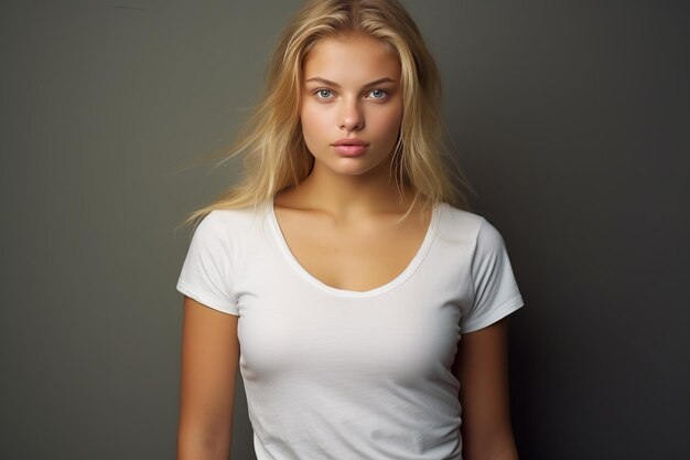 Portret van een mooie blonde vrouw in een wit T-shirt