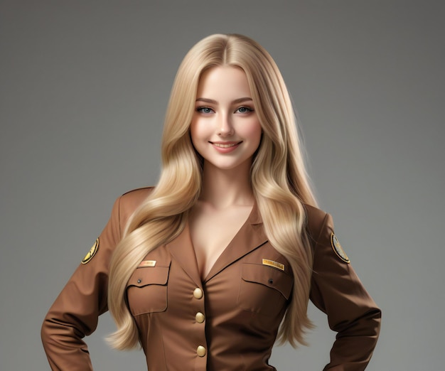 Portret van een mooie blonde vrouw met lang haar in een bruine jas