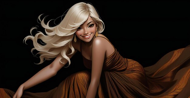 Portret van een mooie blonde vrouw met vloeiend haar op een donkere achtergrond