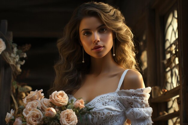 portret van een mooie bruid in een witte jurk met bloemen