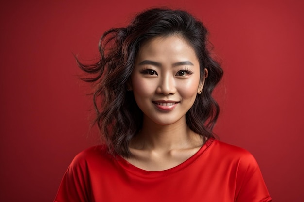 Portret van een mooie Chinese vrouw in een rood T-shirt Chinees Nieuwjaar concept