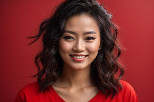 Portret van een mooie Chinese vrouw in een rood T-shirt Chinees Nieuwjaar concept