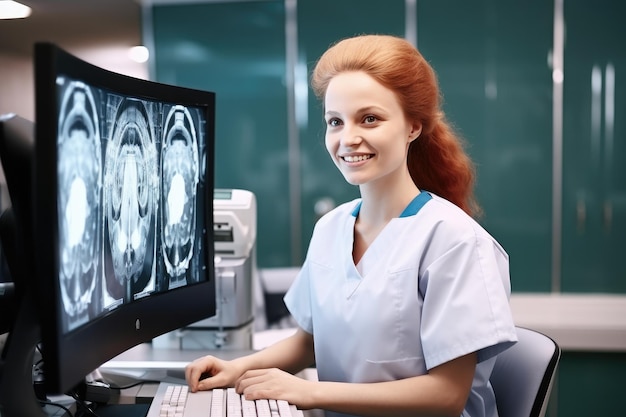 Foto portret van een mooie dokter die in een modern ziekenhuis werkt bij mri ct-röntgenscan generatieve ai
