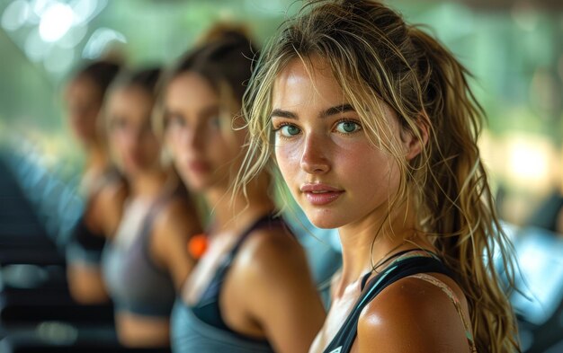 Portret van een mooie fitte vrouw die glimlacht in de sportschool