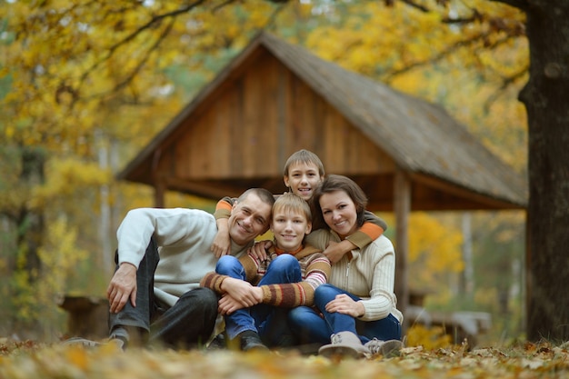 Portret van een mooie gelukkige familie die in het herfstpark ligt