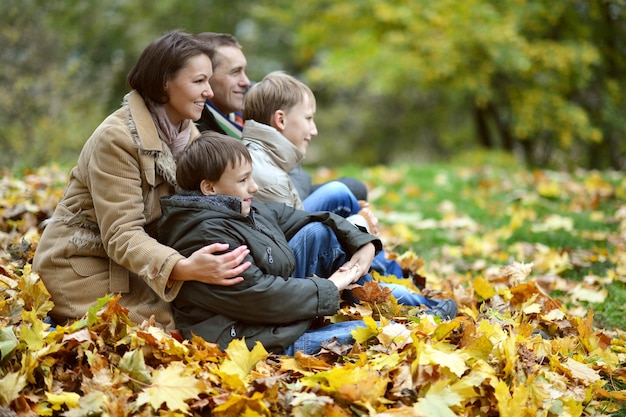 Portret van een mooie gelukkige familie die in het herfstpark zit