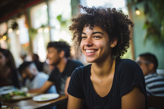 portret van een mooie glimlachende jonge mulatto meisje met krullend haar