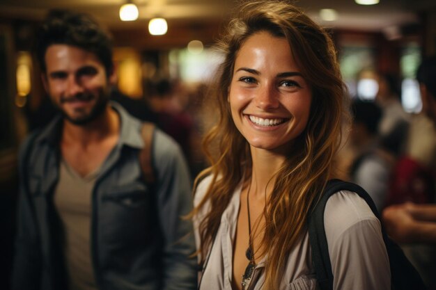 Portret van een mooie glimlachende vrouw die naar de camera kijkt Vrouwelijke reiziger in een hotel