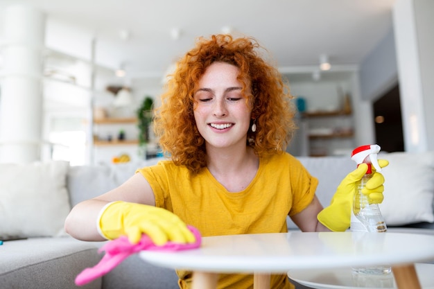 Portret van een mooie huisvrouw die stof schoonmaakt met beschermende gele handschoenen Vrouw gelukkig schoonmaakconcept