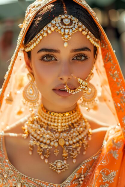 Portret van een mooie Indiase bruid in traditionele oranje kleding met gouden sieraden en make-up