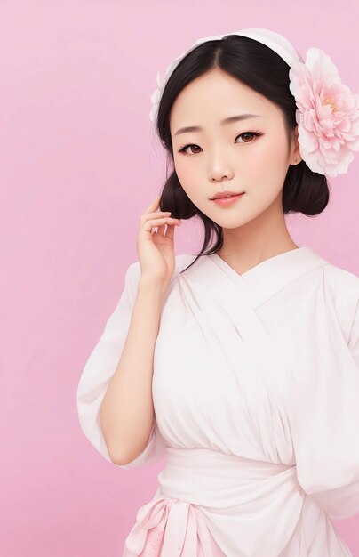 Portret van een mooie Japanse vrouw, gekleed in witte zomerjurk