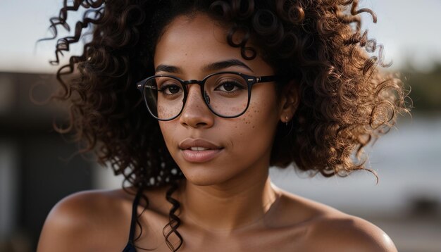 Portret van een mooie jonge Afro-Amerikaanse vrouw met een bril buiten ai generatief