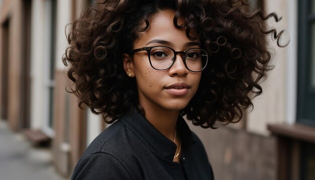 Portret van een mooie jonge Afro-Amerikaanse vrouw met een bril buiten ai generatief