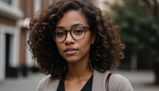 Portret van een mooie jonge Afro-Amerikaanse vrouw met een bril buiten ai generatief