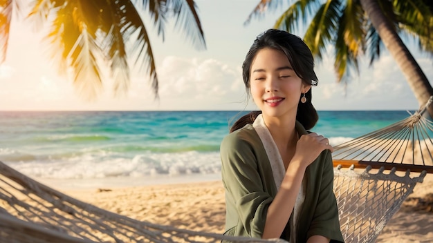 Portret van een mooie jonge Aziatische vrouw die op een hangmat zit rond het strand van de zee om te ontspannen