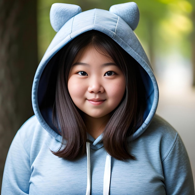 Portret van een mooie jonge Aziatische vrouw met een blauwe hoodie